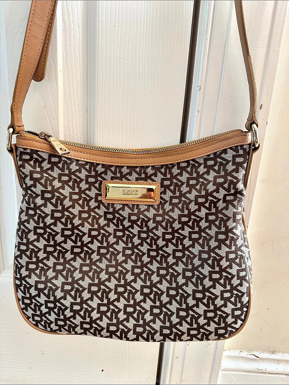 DKNY Logo Print Crossbody Bag in Brown & Tan